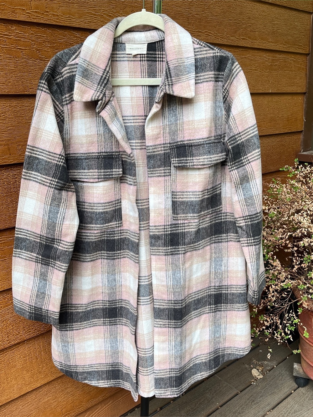Melloday Long Plaid Shirt Jacket Pink Blush Black Women’s XL